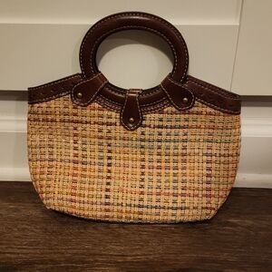 Fossil Woven Straw And Leather Brown and Tan Small Handbag With Crossbody Strap